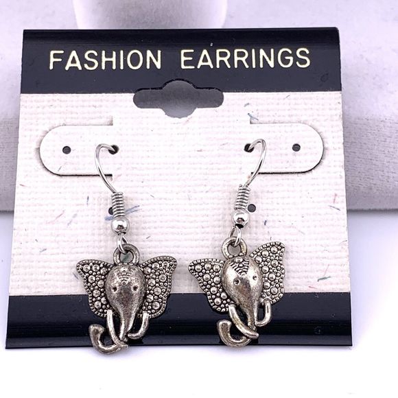 Elephant Head Earrings Silver Tone Big Ears Dangle Bali Style Good Luck Trunk Up - Picture 3 of 8